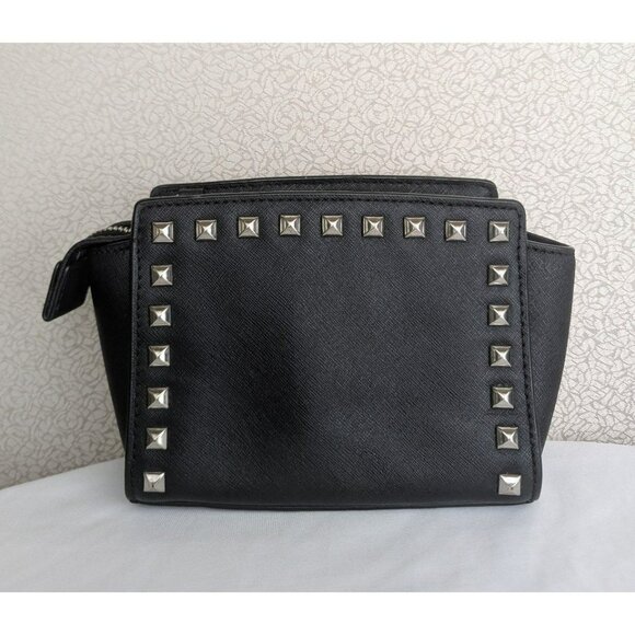 Michael Kors Small Saffiano Leather Studded Bag Black Silver NO CROSSBODY STRAP - Picture 2 of 12